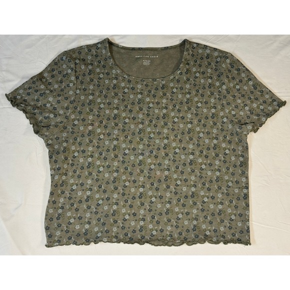 American Eagle Outfitters Tops - American Eagle Womens XL Floral Waffle Knit Lettuce Edge Top Sage Green 01233
